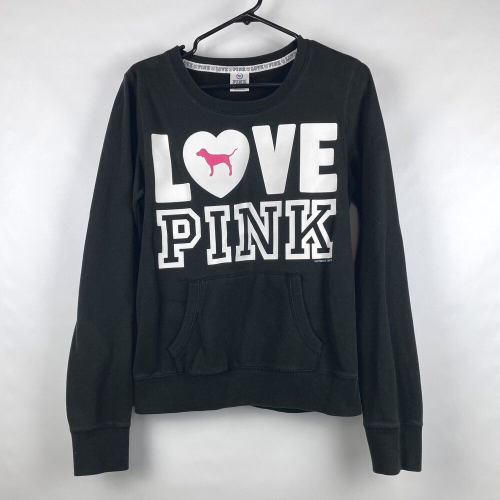 Victorias Secret LOVE PINK Women's L Black Sweatshirt Pink Dog Front Pocket